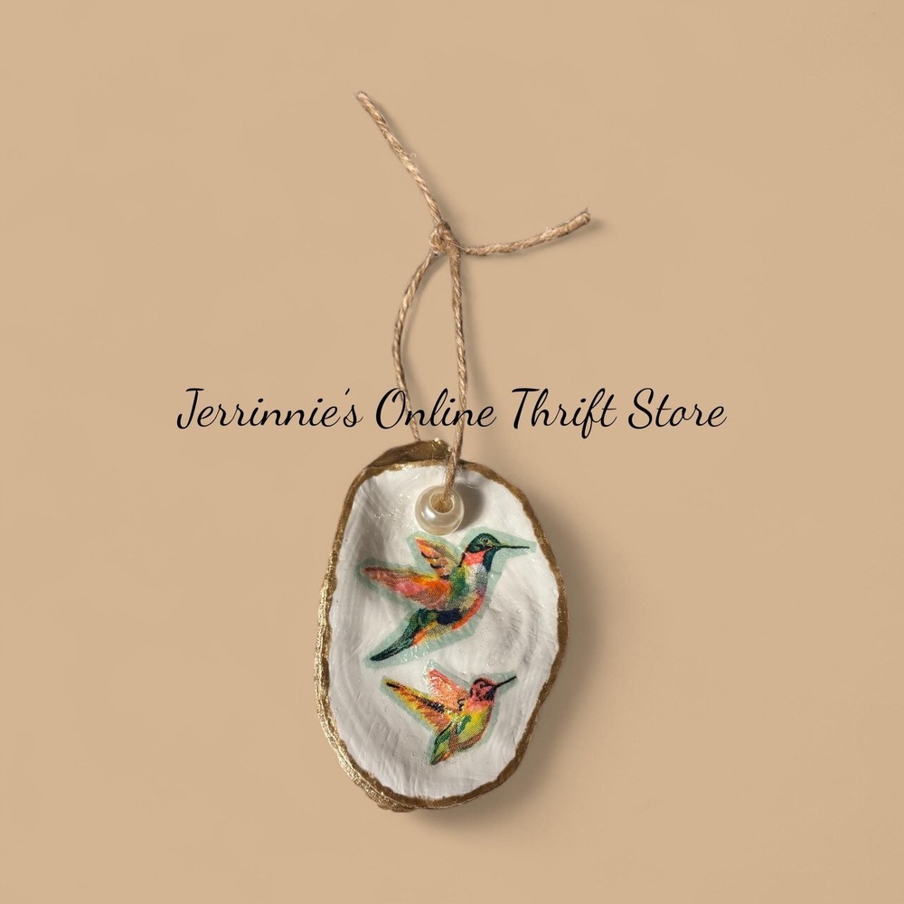 Handcrafted Oyster Shell Hummingbird Ornament‎ Gold Trim Coastal Decor Gift